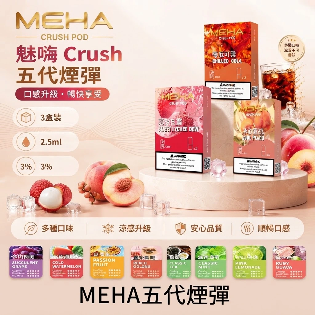 MEHA魅嗨五代煙彈-MEHA五代煙彈口味齊全-MEHA電子煙官網.webp MEHA 魅嗨五代電子煙彈|Crush 系列替換式煙彈|2.5mL 三入裝:圖片 1